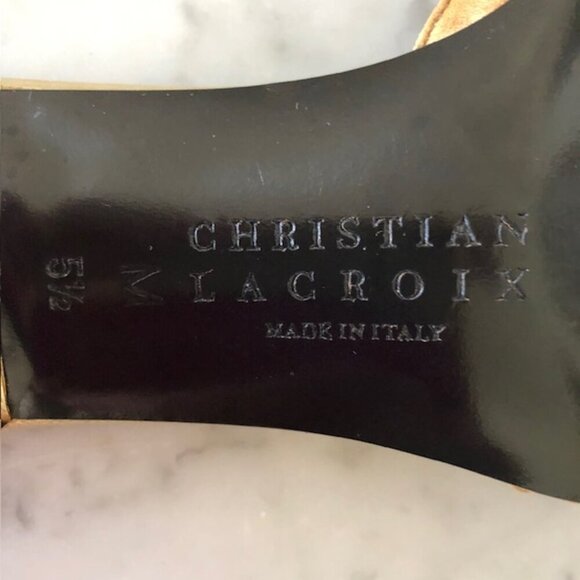 CHRISTIAN LACROIX Faux Pearl Gold Triangle Heel Tan Slide Sandal 5.5 - Picture 9 of 17